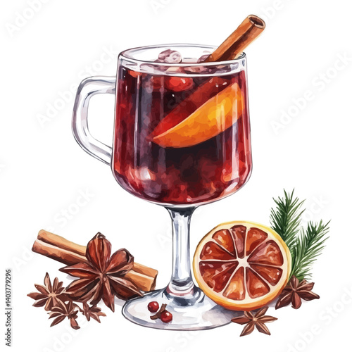 illustration of Glass Of Mulled Wine With Spices, watercolor vector, isolated on a white background.