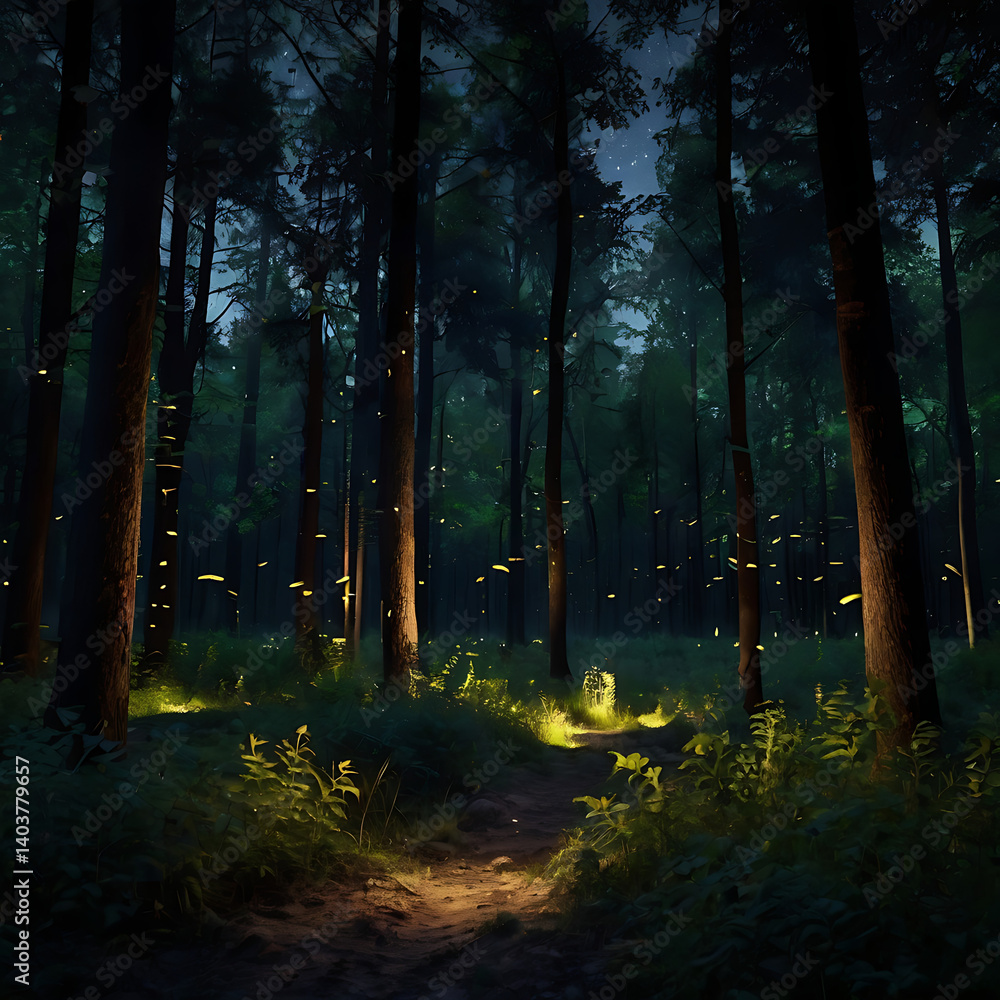 Obraz premium Nighttime forest illuminated by fireflies, glowing specks among trees, magical and quiet ambiance, deep shadows and soft light