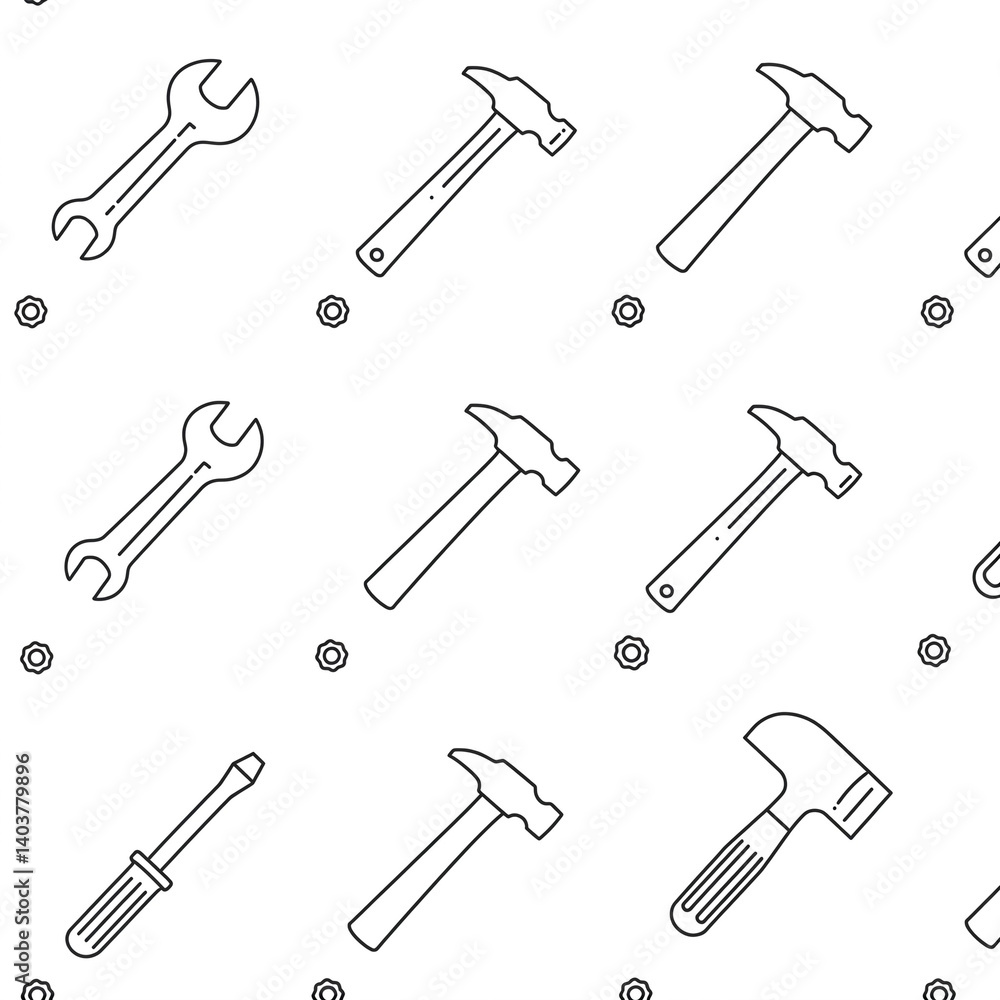 Pattern of labor tools( Wrench, hammer and screwdriver), thin line icons, white background Pattern of labor tools( Wrench, hammer and screwdriver), thin line icons, white background
