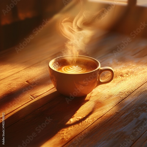 Warm morning sunlight illuminates a steaming cup of latte art coffee on a rustic wooden table.