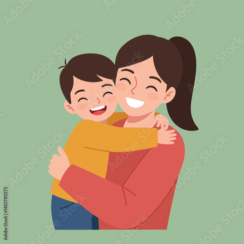 Mother and child share a joyful embrace in flat vector art illustration