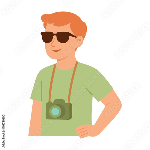 Smiling tourist in sunglasses with camera on neck in flat cartoon summer vector style.