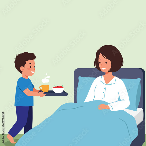 Child bringing breakfast to mother in bed flat vector illustration