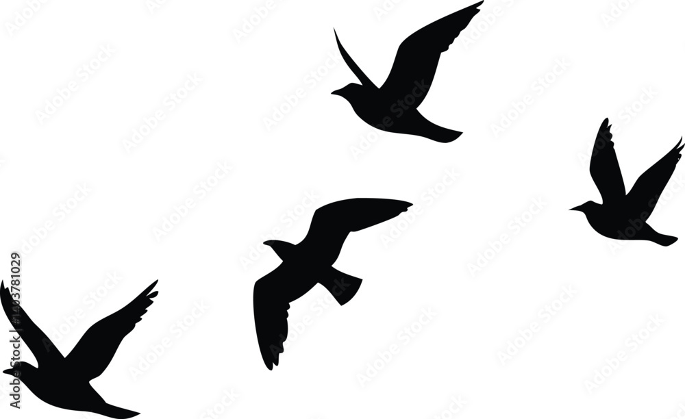 Fototapeta premium Group of Birds Flying Silhouette on Transparent Background Simple Design Style