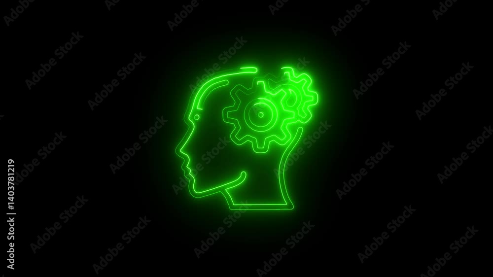 Glowing neon line Human head with gear inside icon isolated on black background. Glowing neon line Human head with gear inside icon isolated on black background.