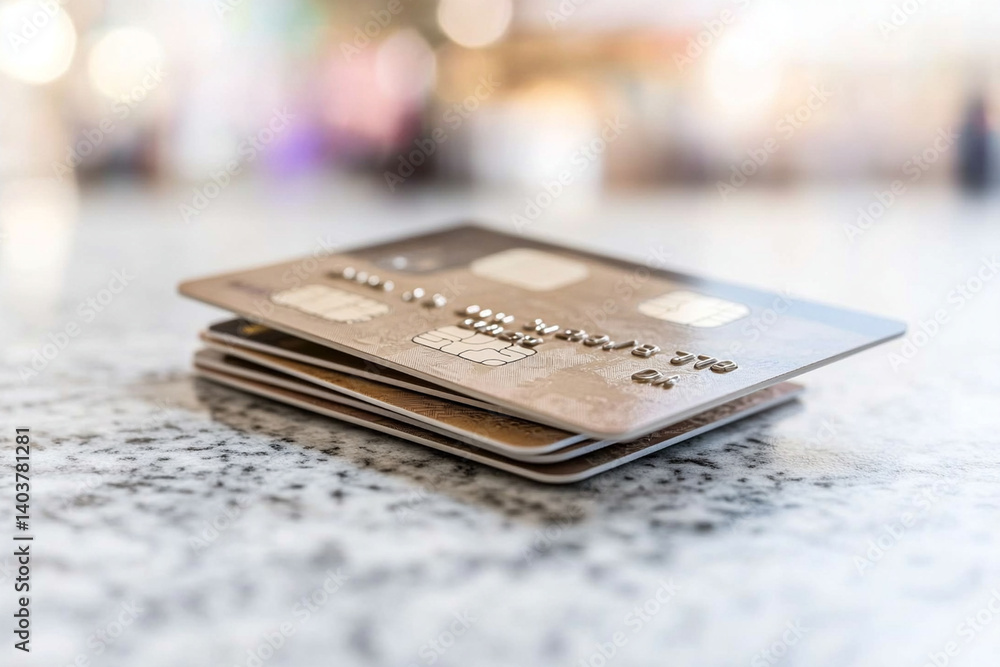 Close-up view of credit cards resting on a counter in a busy shopping mall setting Close-up view of credit cards resting on a counter in a busy shopping mall setting