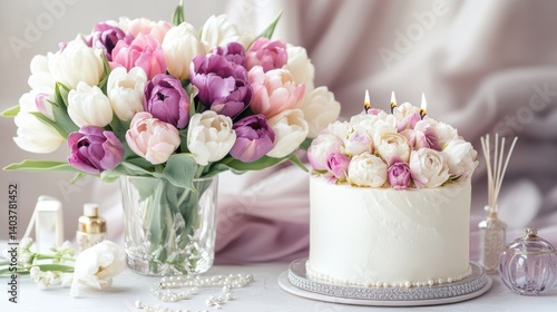 Beautiful Floral Arrangement and Elegant Cake With Pastel Roses on a Light Table Setting for a Spring Celebration
