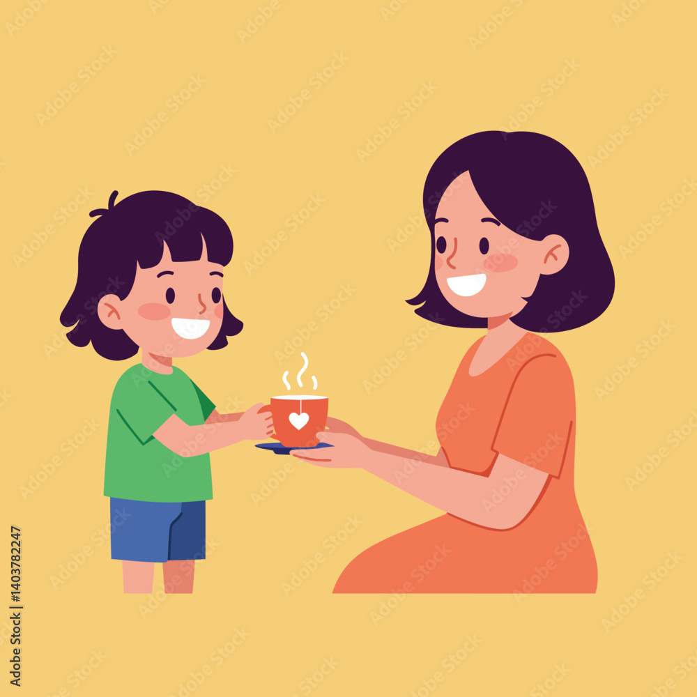 Child giving warm drink to smiling parent in flat vector art Child giving warm drink to smiling parent in flat vector art