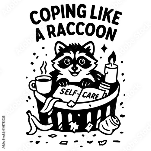 Cute raccoon in trash can practicing self-care with coffee, candle and book. Funny cartoon about stress coping and mental health