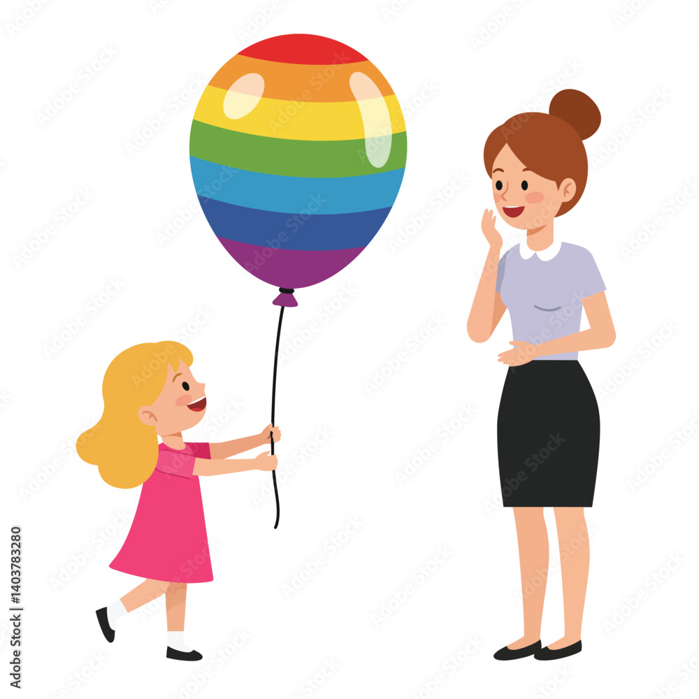 Happy child with rainbow balloon interacting with adult in flat vector art Happy child with rainbow balloon interacting with adult in flat vector art