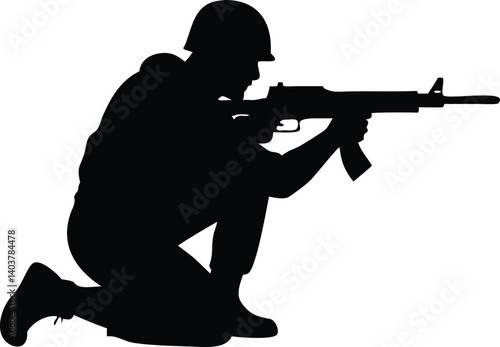 Kneeling Soldier Silhouette with Rifle on Transparent Background, Aiming Weapon