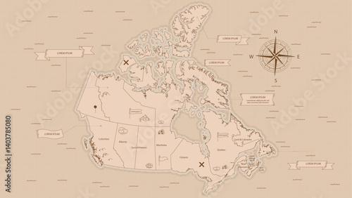 Vintage Canada Map: A vintage-style map of Canada with a compass, highlighting its provinces and territories.  The map has a warm.