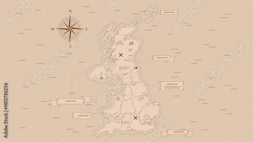 Vintage Map of Great Britain: A stylized vintage map of Great Britain, reminiscent of antique nautical charts.