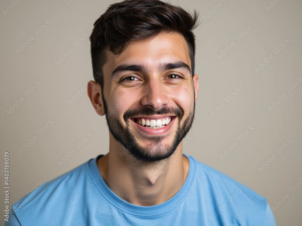 Obraz premium Close-Up Portrait of Smiling Young Handsome Man in Blue T-Shirt on Gray Background 