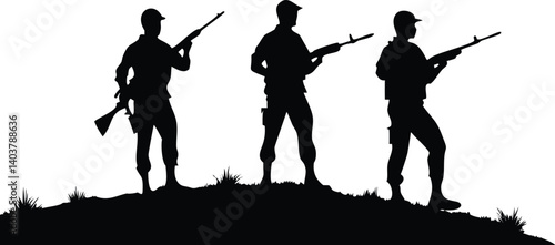 Silhouette of Armed Soldiers on Hill with Rifles on Transparent Background
