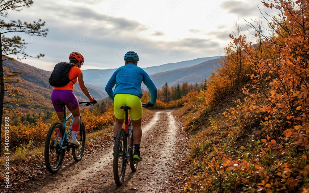 Fototapeta premium Couple cycling through autumn forest path surrounded by colorful foliage and scenic mountains