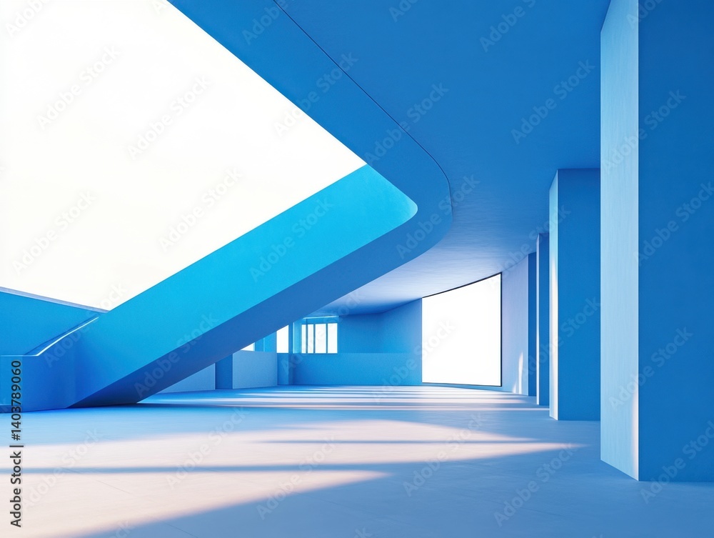 Obraz premium Serene blue architecture with sunlight casting shadows in a modern building interior perspective