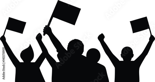 Silhouette of Crowd Holding Flags with Arms Raised on Transparent Background