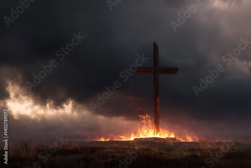 A burning wooden cross standing alone in an open field, with dark clouds rolling in overhead, sacred, holy. Brimstone. Illustration.