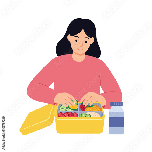 Woman preparing a healthy lunch with colorful ingredients in a flat vector illustration