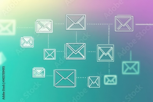 A striking image showing a flowchart of linked email interactions with crisp and clear iconography set on a gradient backdrop.
