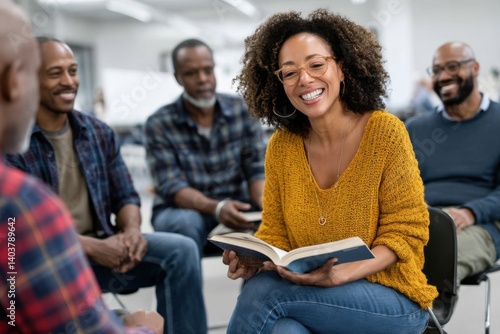Engaging discussion among friends in a community center during a book club meeting