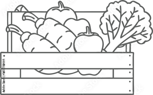 Black Line Drawing of Wooden Crate with Vegetables and Broccoli