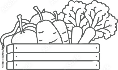 Black Line Drawing of Wooden Crate with Vegetables and Broccoli