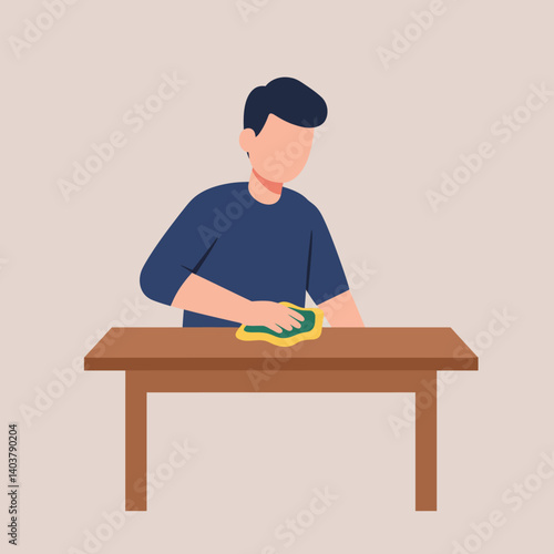 Person cleaning a wooden table with a cloth in flat vector art