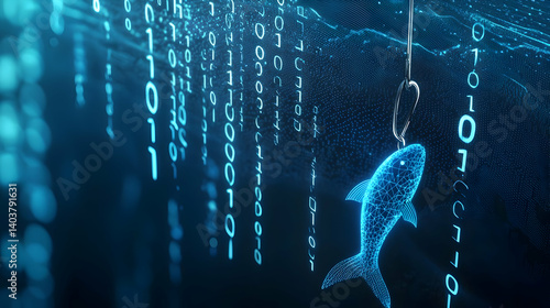 Abstract Digital Shark Caught On Binary Code Hook