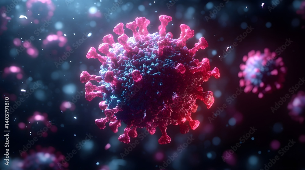 Close-Up View of Viruses Highlighted by Glowing Colors in a 3D Render Close-Up View of Viruses Highlighted by Glowing Colors in a 3D Render