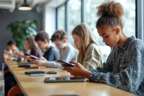 Focused schoolchildren using cellphones while sitting at desks in school classroom interior during break, copy space