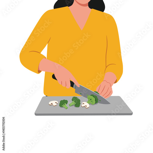 Person chopping vegetables on a cutting board in flat vector art
