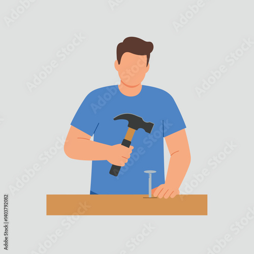 Man using a hammer on wood in flat vector illustration style