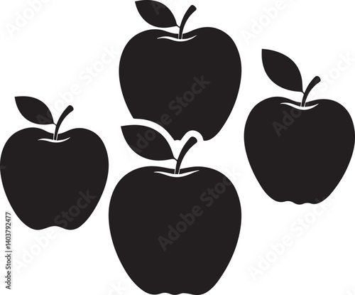 Silhouette of Fresh Apples: A minimalist silhouette showcases four crisp, ripe apples with leaves. The dark contrast highlights their perfect shape, perfect for designs. 
