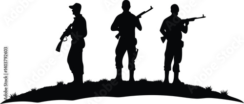 Three Soldiers Standing with Rifles Silhouette on Transparent Background