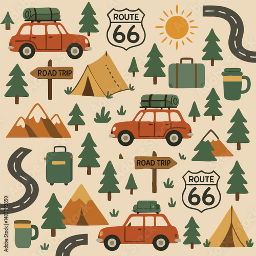 A seamless pattern featuring a prominent Route 66 sign in the center