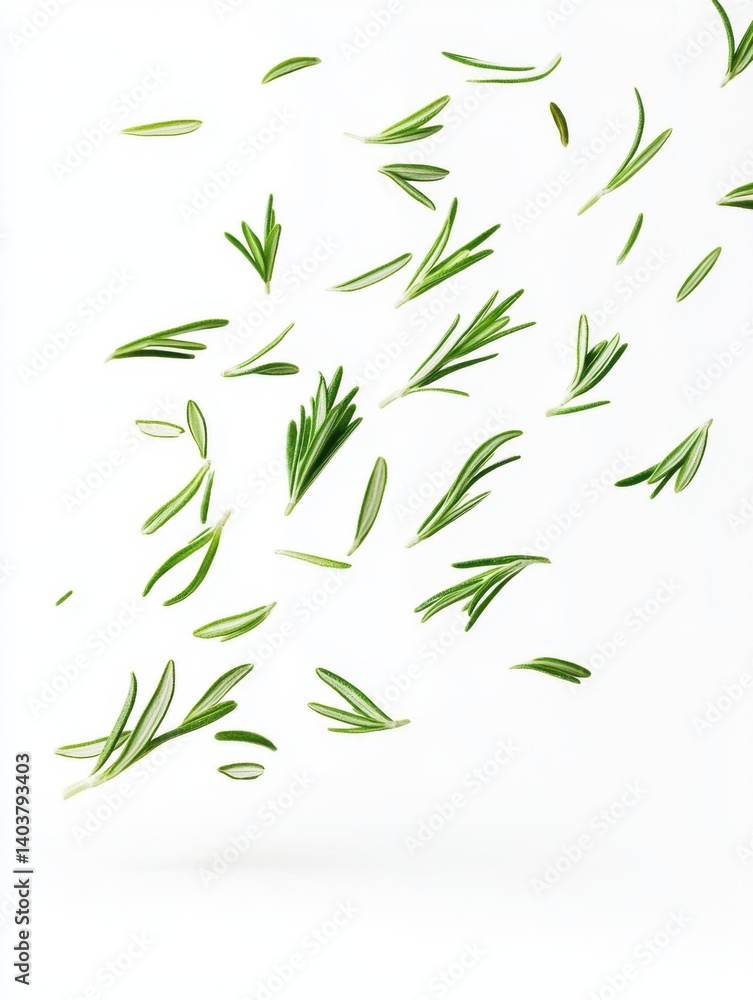 Naklejka premium Fresh Rosemary Sprigs on White Background Overhead View Culinary Herb Aroma Ingredient Flavoring