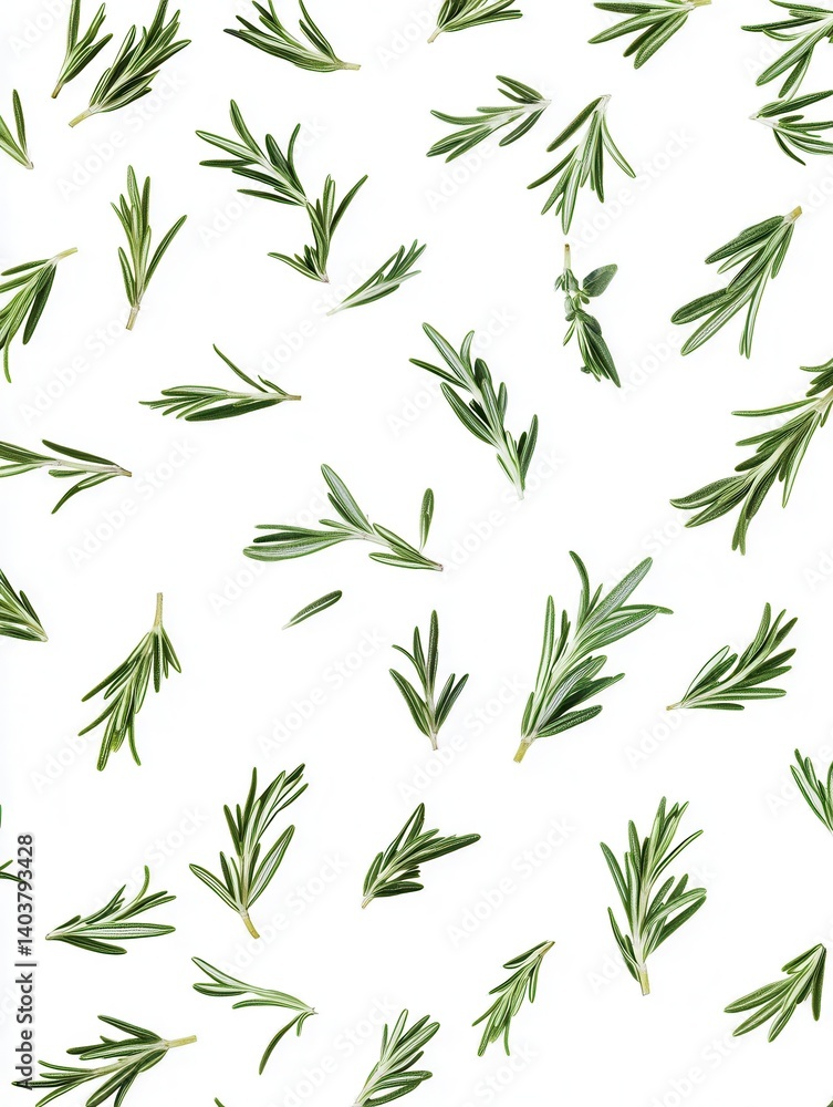 Obraz premium Fresh rosemary sprigs scattered on white backdrop creating a clean minimalist aesthetic for culinary design and organic concept