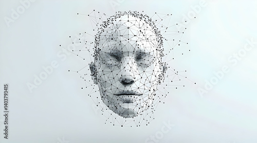 Abstract 3D Digital Face Portrait Design With Geometric Particle Effect on White Background