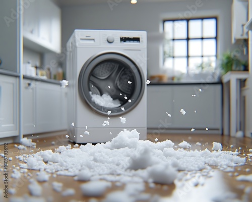 Broken washing machine spills laundry