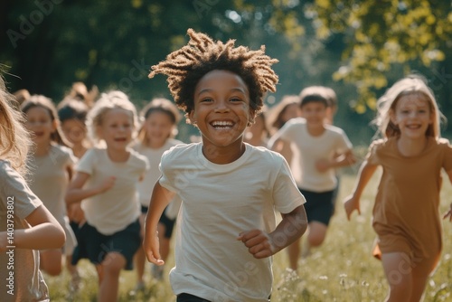 A group of happy children of boys and girls run in the Park on the grass on a Sunny summer day . The concept of ethnic friendship, peace, kindness