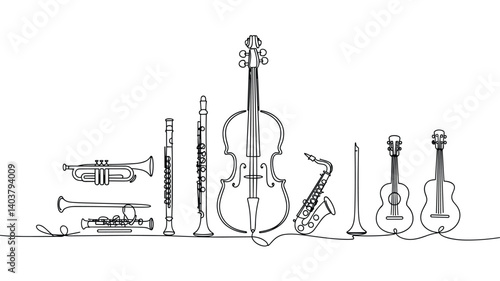 A continuous line drawing of various orchestra musical instruments on a white background, vector illustration 