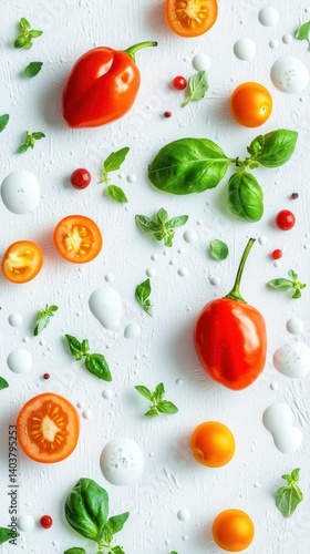Vibrant still life featuring fresh tomatoes basil leaves and mozzarella balls on a textured white surface a culinary delight