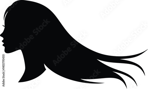 Woman Silhouette with Long Hair, Elegant Profile Portrait on Transparent Background