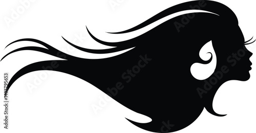 Woman Silhouette, Elegant Profile with Flowing Hair on Transparent Background