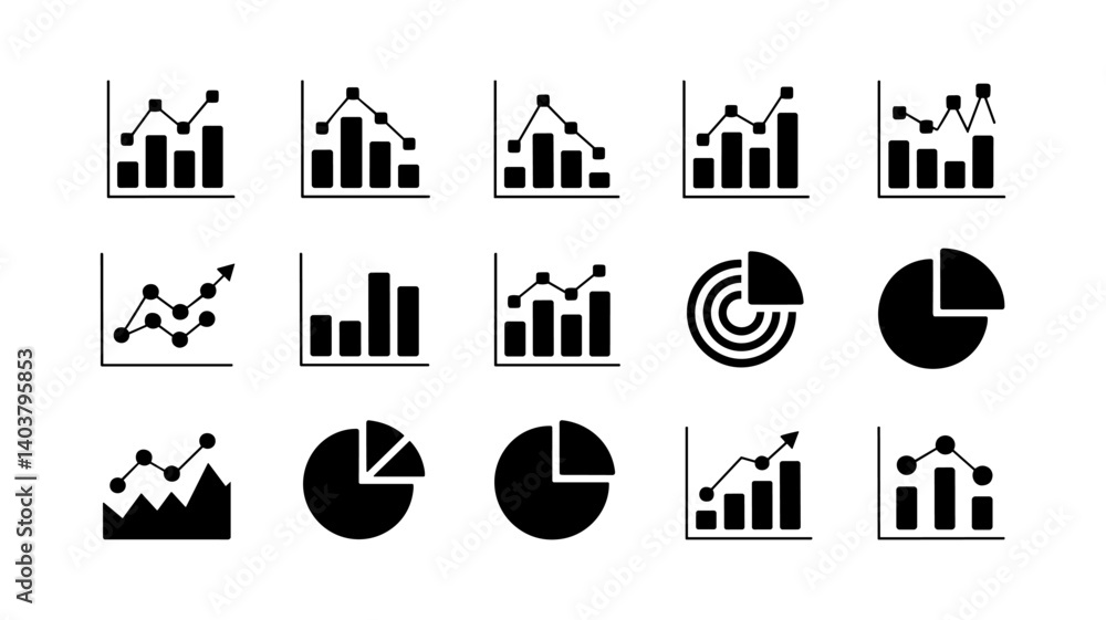 Fototapeta premium Business Analytics Icons: A collection of graphic icons representing various data analysis visualizations, perfect for illustrating concepts like market trends, performance analysis.