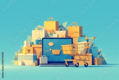 Laptop and shopping cart, surrounded by bags and boxes on a blue background