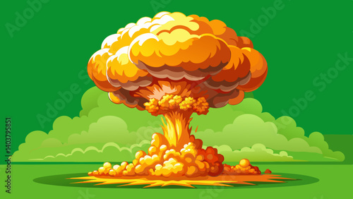 Nuclear atomic bomb explosion VFX with smoke, fire and mushroom cloud, isolated on green screen chroma key background