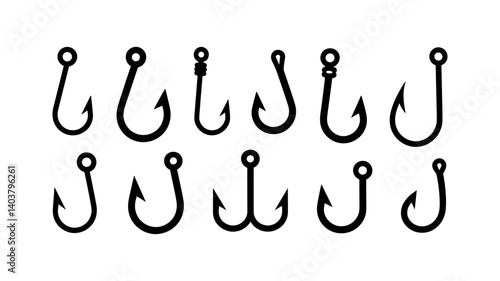 Fishing Hook Set: A collection of different styles of fishing hooks,  isolated against a white background, ready for any angler's tackle box.